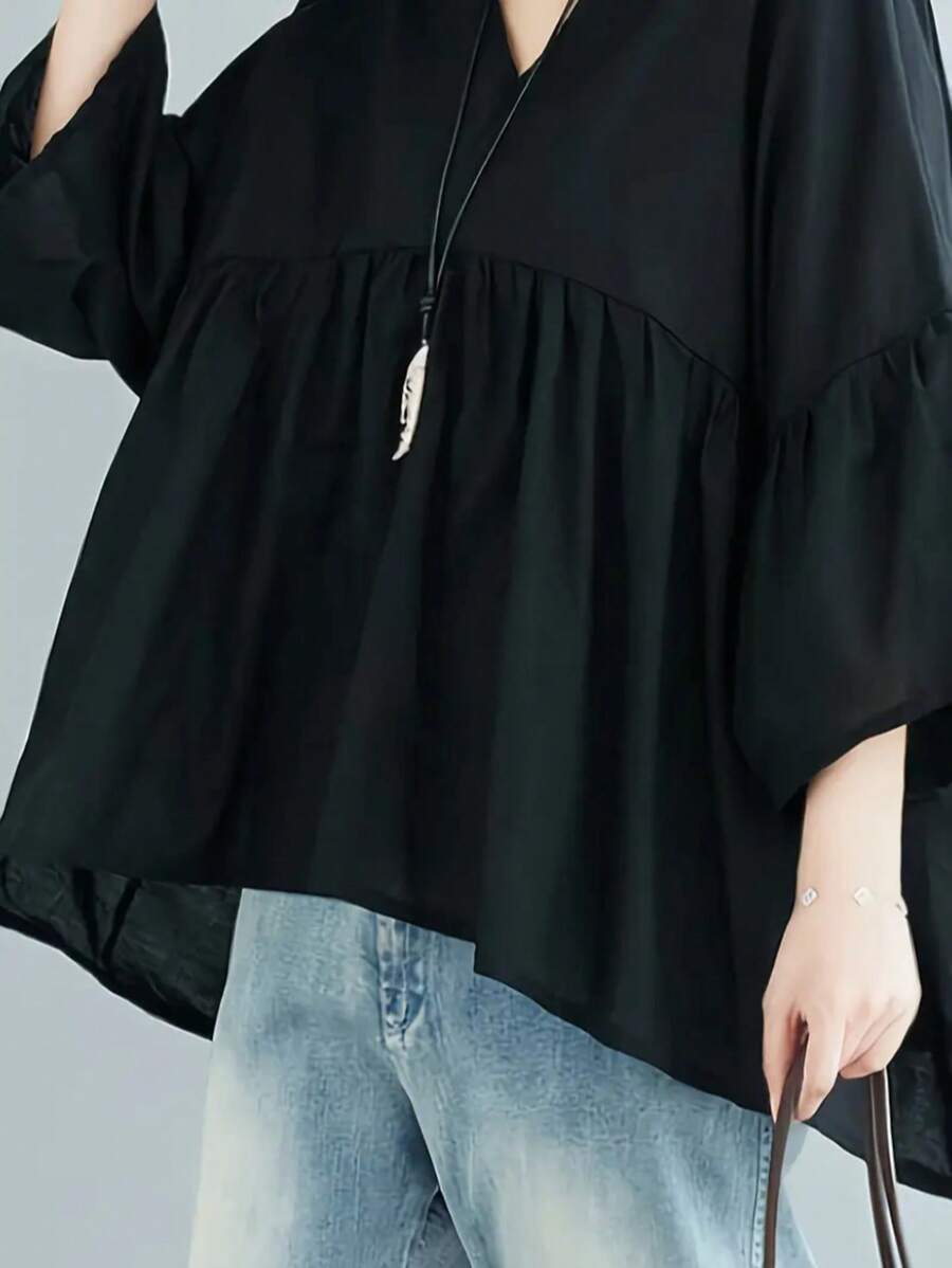 Plus Size Solid Color Ruffle Twist Collar Blouse
