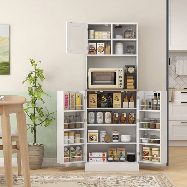 HOMCOM Credenza Cucina Alta con Armadietto, Piano Portamicroonde, 8 Ripiani su Ante, Mobile Dispensa Stretto con Ante in Vetro e Mensole Regolabili, per Soggiorno, Sala da Pranzo, 60x35x169 cm, Bianco