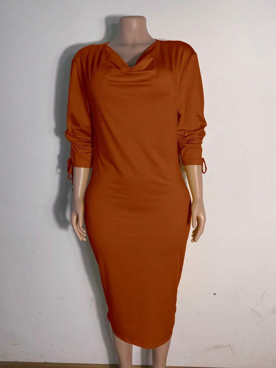 Plus Size Solid Color Pleated Minimalist Fitted Dress, For Casual Daily Wear - Coffee Brown - View 1