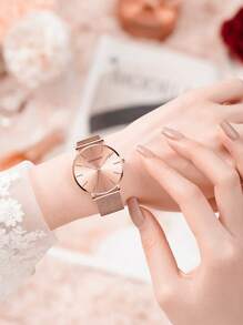 1 pezzo Orologio da polso da donna color oro rosa, movimento giapponese, cinturino in maglia di acciaio inossidabile, stile minimalista ed elegante, adatto per uso quotidiano e come regalo