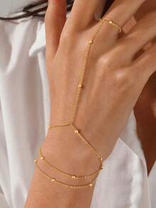 1pc Fashionable Elegant Stainless Steel Minimalist Three-Layer Pearl Stack Finger Ring Chain, Jewelry For Women Suitable For Daily, Parties, Holidays, Gift - Beaded Triple Bracelet - View 8