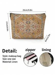 1pc Bohemian Style Linen Printed Cosmetic Bag, Cute Travel Makeup Case & Multipurpose Coin Purse, Lightweight Gift Essential For Women,For Holiday Beach, Bathroom Collection, Bedroom Collection, Large Capacity