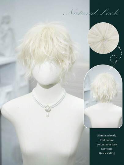 1 Piece Synthetic Heat-Resistant Short Wigs In White Gold, Made From Fiber, Suitable For Daily Use, Natural And Realistic False Hairpiece.
