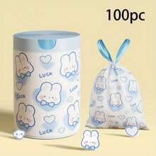50/100Pcs Cute Cartoon Blue Heart Rabbit Print Drawstring Garbage Bags, Thickened Reusable Kitchen Trash Bags