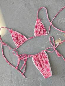 新款春夏欧美休闲印花女士蝴蝶结装饰性感沙滩比基尼套装，适合海滩、度假、派对、约会等场合。 - 印花 - 查看 1