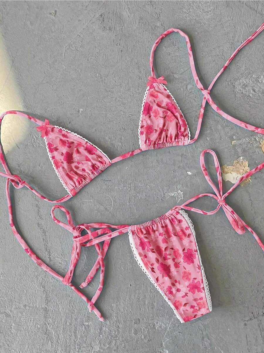 新款春夏欧美休闲印花女士蝴蝶结装饰性感沙滩比基尼套装，适合海滩、度假、派对、约会等场合。 - 印花 - 查看 1