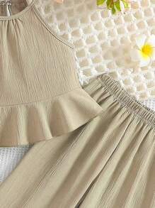 Young Girl' Sleeveless Ruffled Hem Solid Color Camisole & Pants Casual Outfit, Summer