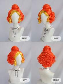 Orange und gelb gewellte, lockige Ms. Frizzle Cosplay-Perücke, 10 Zoll große synthetische Damenperücke für Halloween-Partykostüme, Schulkarnevalskonzerte, Urlaubsfotografie, Themenveranstaltungen, Comic-Con-Ausstellungen