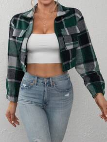 Chaqueta corta casual de mujer con bolsillo con solapa a cuadros, otoño