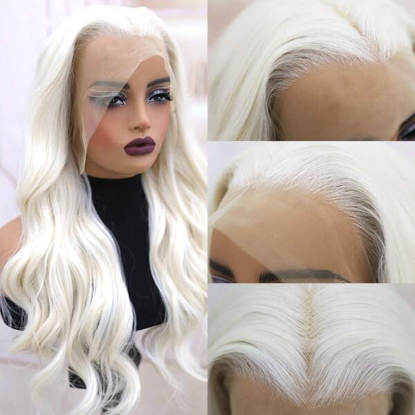 13x4 HD Lace Frontal Wigs Long Body Wave White Wigs Synthetic Heat Resistant Fiber Hair Wig Premium White Blonde Loose Wave 13*4 Hairpiece Wigs For Women With HD Transparent Lace Glueless Lace Loose Wavy Platinum Blonde Wig 200% Density Wigs 26 Inch