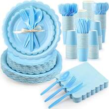 350 Plates And Napkins, 50 Guest Spring Party Supplies Include Paper Plates Napkins Cups Plastic Spoons - 淺藍色 - 查看 1