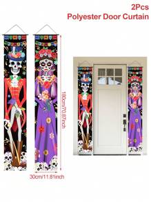 2pcs/Set Mexican Style Skull Hanging Flags, Hanging Banner Cloth, Door Curtain Couplet For Day Of The Dead Halloween Party Porch Decorations, Dia De Muertos Decoration,Store And Hotel Flag Door Decorations, Family Gather Festival Party Background Decoration Supplies,Halloween Decor,Family Holiday Atmosphere Decoration,Indoor/Outdoor Decorations