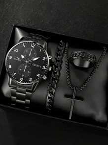 4-Piece Men's Luxury Gift Set: Stainless Steel Quartz Watch, Cross Pendant Necklace, Bracelet And Ring, Perfect Business & Casual Accessories - Ideal Gift For Him