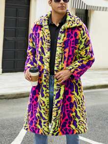 Men's Faux Fur Coat Contrast Animal Print Lapel Neck Open Front Long Sleeve Long Jacket Winter Warm Outwear - Multicolor - View 6