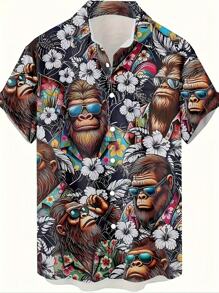 Plus Size All Over Floral Print Button Front Casual Short Sleeve Shirt, Summer