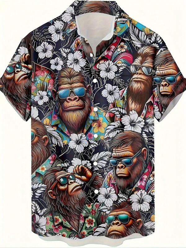 Plus Size All Over Floral Print Button Front Casual Short Sleeve Shirt, Summer