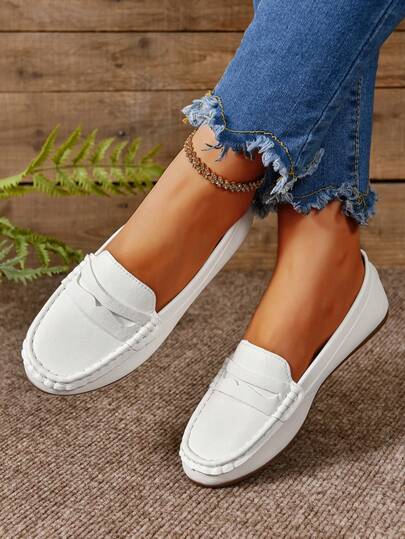 New Spring Women Loafers, English Soft Leather Penny Loafers Slip-On Flat Shoes, Casual All Season Wear