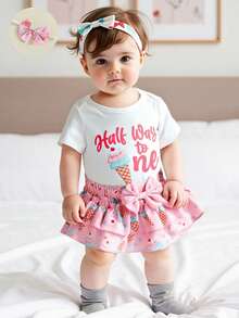 Half Way To One Newborn Baby Girls Birthday Outfits Letter Print Romper Bodysuit Top + Strawberry/Ice Cream/Orange/Watermelon Print Shorts + Bow Headband 3Pcs Clothes Set - 珊瑚粉 - 查看 4
