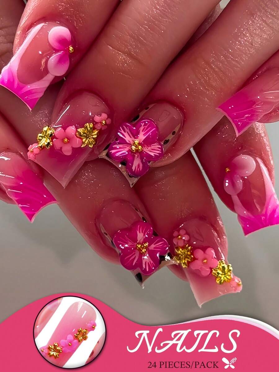 24 件长方形甜美粉色渐变豹纹印花，带 3D 花卉和金色花朵装饰，按压式指甲套装，含果冻胶和指甲锉，适合女士派对和日常佩戴，按压式指甲，美甲用品，指甲 - 粉色 - 查看 1