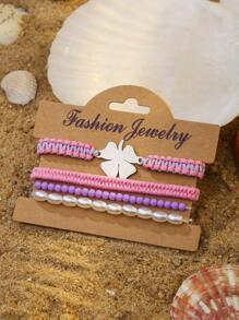 4 szt./5 szt. Bohemian Zinc Alloy Resin Shell & Faux Pearl CCB Ocean Elements Palm Tree, Wave, Turtle, Sunflower, Lucky Clover Tassel Handmade Woven Bracelet Set, Odpowiedni dla kobiet, do codziennego noszenia, letni prezent na wakacje na plaży
