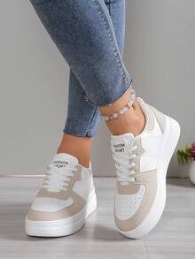 女士厚底运动鞋，春秋新款休闲增高小白鞋，时尚百搭学生系带白色户外旅行鞋 - 卡其 - 查看 4