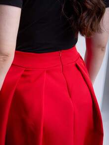 Women's Midi Skirt Tailored Lined Casual Plain With Pleats And Zipper At The Back Elegant Beautiful And Modest Classic - Rojo - Ver 3