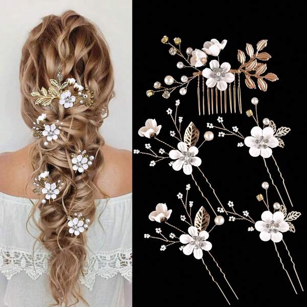 Elegant Vintage 5pcs Pearl & Rhinestone Hairpin Set - U-Shaped Bridal Hair Accessories With Handcrafted Beaded Leaf Design