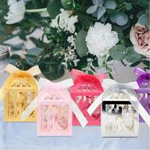 10 Stücke Laser geschnittene Geschenkbox (Weiß, Blau, Gold, Lila), Hochzeits-Geschenkbox für Süßigkeiten mit Schleife, ausgesparte Braut und Bräutigam Design kleine Geschenkbox für Hochzeit, Hochzeitsdekoration Geschenkbox Süßigkeitenbox, Hochzeitsfeier Party Zubehör