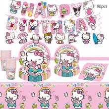 Sanrio 90pcs Sanrio Hello Kitty Party Supplies,Included Birthday Banner,Hanging Vortex,Plates,Napkins,Tablecloth For Hello Kitty Birthday Party Decorations,For Hello Kitty Party Decorations,Hello Kitty Birthday Party Decorations,Hello Kitty Party Decorations