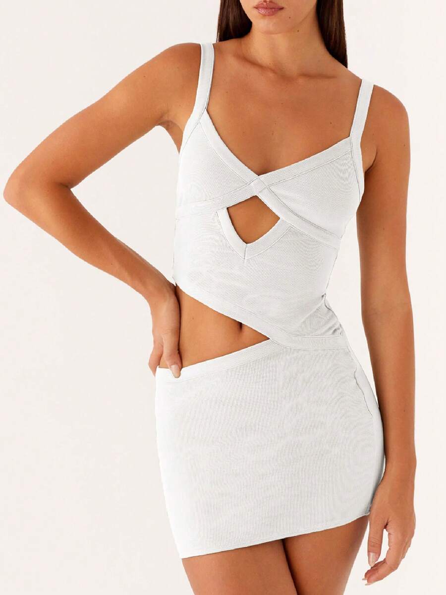 Women Cutout Mini Dress Spaghetti Strap Backless V-Neck Patchwork Bodycon Short Dress Party Cocktail - 白色 - 查看 1