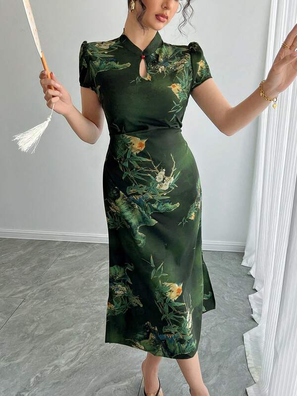 Women's Qipao Style Cheongsam Dress With Mandarin Collar, Back Zipper, Tie Waist, Floral Print, Midi Length, Chinese Style, National Wind, Short Sleeve, Dress For Summer Vacation, Party, Festival