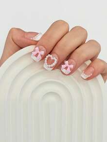 10片手工美甲贴片，短款可爱方形法式美甲，珍珠蝴蝶结设计，爱心珍珠美甲，甜美可爱全覆盖式按压假指甲，情人节美甲，居家DIY美甲，四季美甲，适合女性旅行、派对、约会，可拆卸可重复使用，日常办公美甲佩戴。节日美甲按压式美甲贴片，美甲用品，手工按压式美甲贴片。 - 彩色 - 查看 4