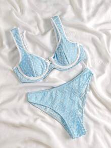 Bikinx Women's Cute Floral Textured Underwire With Bow Swimsuit Set - Blue - View 1