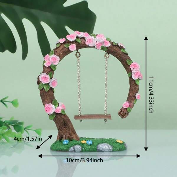 1pc Fanciful Resin Garden Decoration With Pink Flowers And Green Leaves On Swing Tree Stump, Suitable For Yard, Succulent Planter, Fairy-Tale Themed Outdoor Space, Garden Decor, Perfect Gift