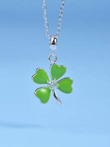 1pc Silver-Tone Four-Leaf Clover Rhinestone Pendant Necklace, Versatile Jewelry Gift For Friends - one-size - View 4