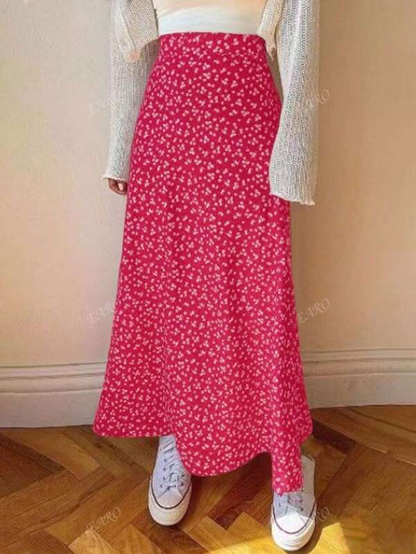 Women Floral Printed High Waist Elegant Flared A-Line Skirt