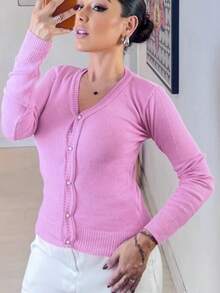 Plain Knit Coat With Elastane Buttons Beautiful Fashion Super Shipping! - Pink - View 2