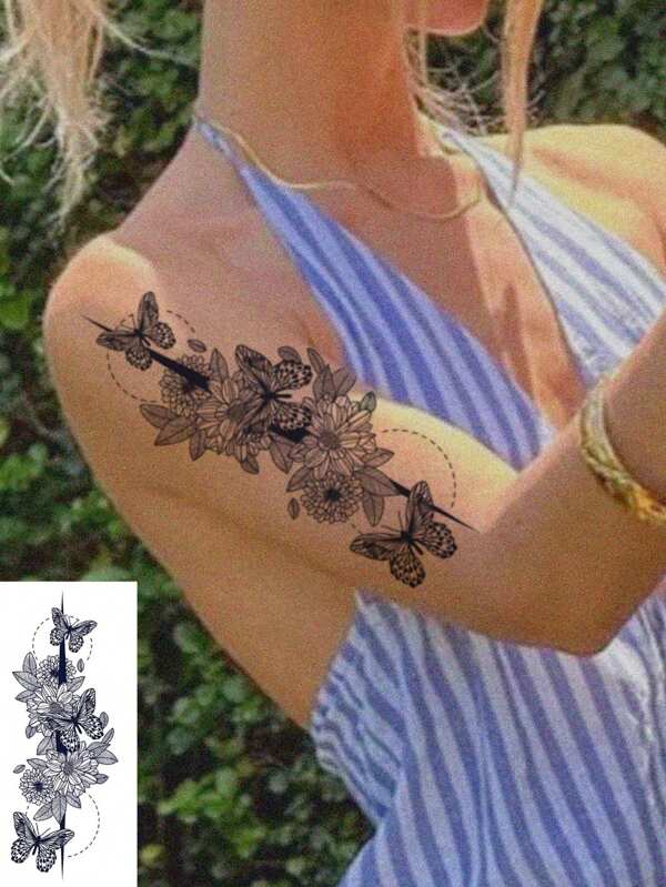 1 peça de tatuagens temporárias de ervas, adesivos de tatuagem semipermanentes com estampa de borboletas e flores, à prova d'água e suor, tatuagem corporal descartável de borboletas, moderna e sexy, com duração de 2 semanas, adequada para homens e mulheres, pode cobrir cicatrizes, aplicável às pernas, costas, peito, cintura, tornozelos, braços e clavícula, com duração de 7 a 14 dias