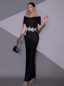 New Black Handmade Beaded & Rhinestone 3D Floral Off-Shoulder Fitted Long Bandage Dress, Elegant For Wedding Guest, Holiday Party, Formal Evening Gown
