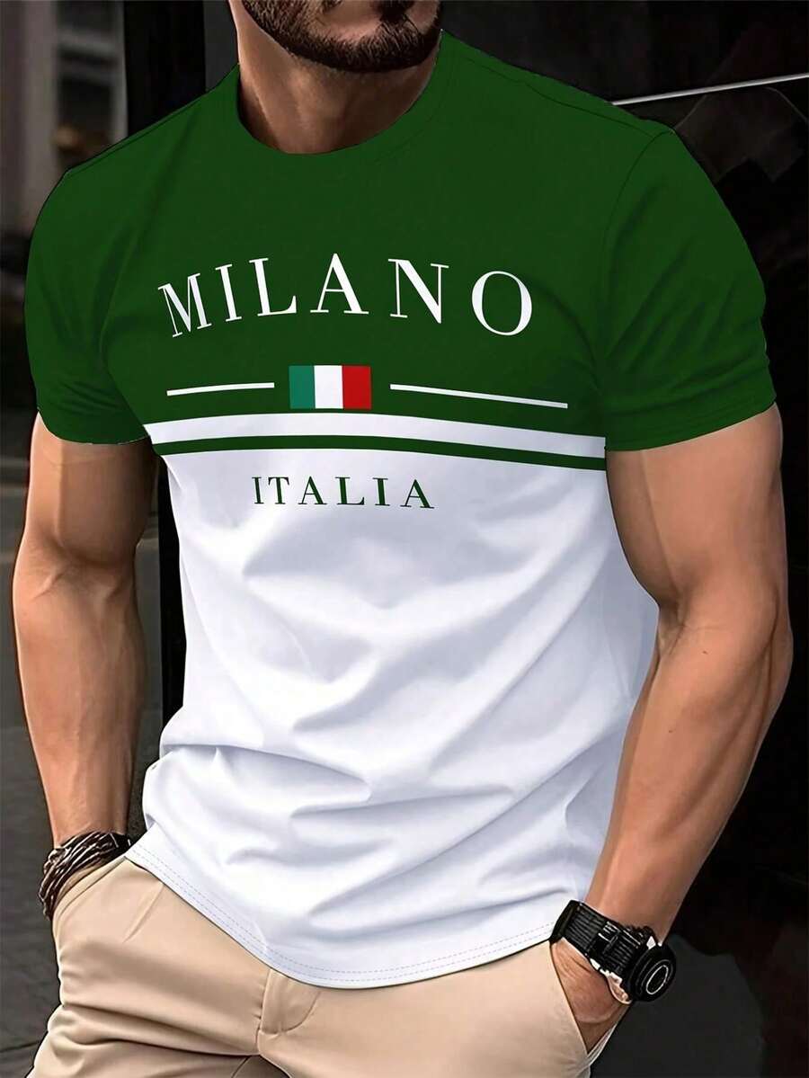 Áo thun nam LHEURYSTIC in họa tiết 3D phối màu - Họa tiết "MILANO ITALIA", Áo thun cổ tròn tay ngắn phong cách thể thao thường ngày, Màu đen trắng, 100% sợi polyester, Vải nhẹ thoáng khí, Có thể giặt máy - Món quà năm mới lý tưởng - Nhiều màu - Xem 1