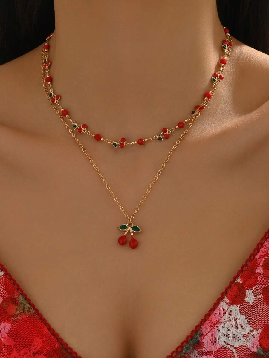 2pcs/Set Romantic Copper Glaze Cherry Pendant Necklace, Sweet & Fashionable Gold Jewelry For Women, Suitable For Daily Wear, Beach, Date, Party, Handmade Random Quantity Cherry Arrangement