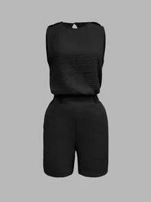 Bộ đồ nữ thời trang thường ngày thanh lịch gồm áo không tay và quần short, có túi và cúc cài, màu đen, thích hợp cho mùa hè. - màu đen - Xem 2