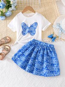 Set casual de 2 piezas de top de manga corta con estampado de mariposas + falda con estampado floral diminuto para niñas jóvenes en verano