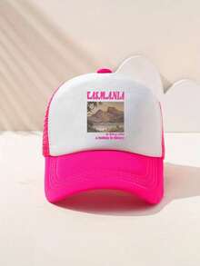 1pc Unisex Y2K Style Printed Landscape & Letter Pattern Mesh Cap, Suitable For Outdoor Sports, Sun Protection, Daily Commute - Hot Pink - View 1