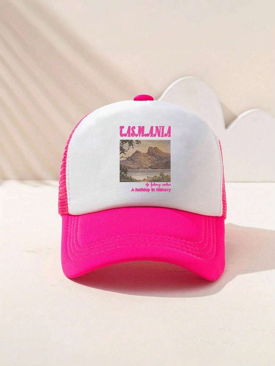 1pc Unisex Y2K Style Printed Landscape & Letter Pattern Mesh Cap, Suitable For Outdoor Sports, Sun Protection, Daily Commute - Hot Pink - View 1