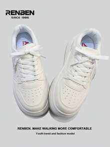 1 par de zapatos cómodos con suela gruesa para mujer de Renben, con cordones frontales de tela blanca, suelas grises, de moda y versátiles, ligeros, que aumentan la altura, zapatillas deportivas casuales de caña baja para exteriores, adecuados para faldas, pantalones, ir y venir, zapatos populares para mujeres en 2025