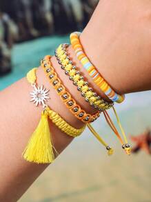 4 szt./5 szt. Bohemian Zinc Alloy Resin Shell & Faux Pearl CCB Ocean Elements Palm Tree, Wave, Turtle, Sunflower, Lucky Clover Tassel Handmade Woven Bracelet Set, Odpowiedni dla kobiet, do codziennego noszenia, letni prezent na wakacje na plaży