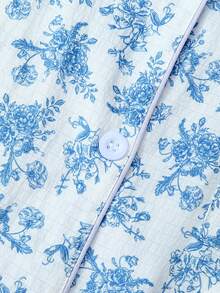 全身花卉印花短袖上衣和短裤女式睡衣套装，清凉浅蓝色 - 藍色 - 查看 6