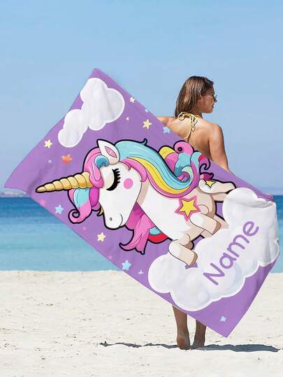 1PC Customizable Name Printed Mermaid Pattern Beach Towel, Super Soft Rectangular Quick-Drying Lightweight Swimming Pool Side Yoga Summer Travel Essential Item, Fashionable Item For Beach Trips And The Best Beach Accessory