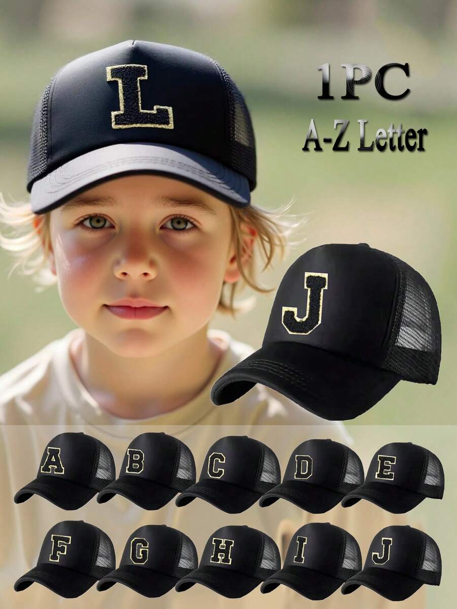 1 pieza Gorra de béisbol negra con letra A-Z para decoración, gorra casual ajustable unisex para niños para primavera/verano - Negro - Ver 1